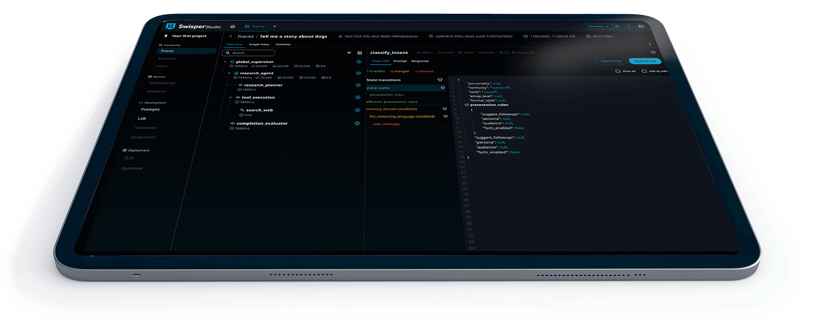Dashboard Swisper Studio con tracciamento e configurazione degli agenti