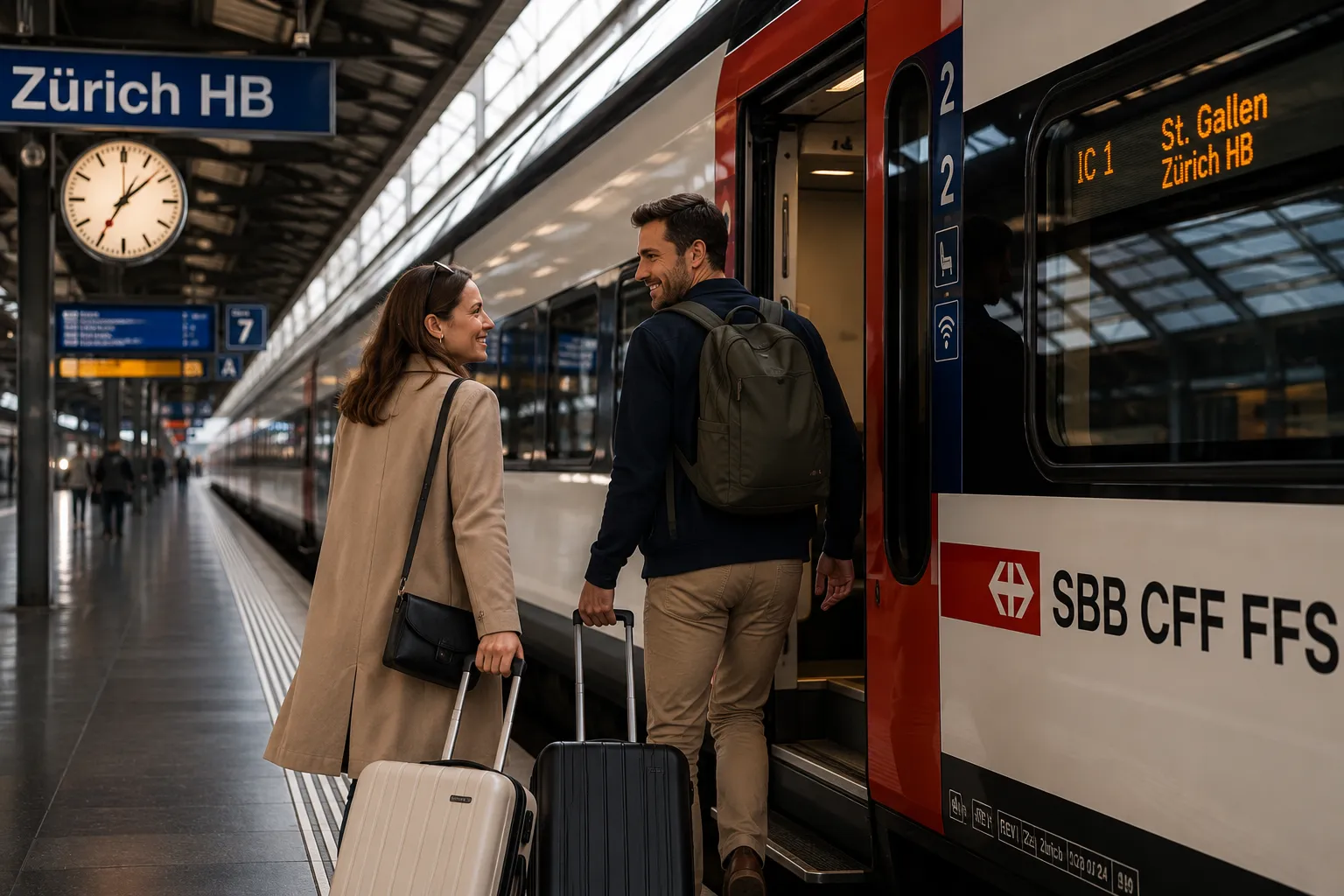 Two travellers with luggage boarding an SBB train at Zürich HB